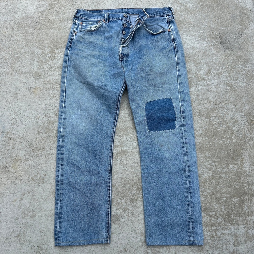 Vintage Levis 501 Jeans with Sashiko Patchwork Distressed 33x30 Blue Light Wash